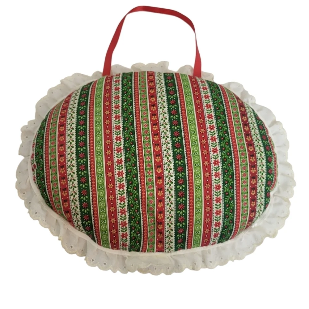 Vintage Handmade “Merry Christmas” Cross Stitch Wall Hanging Scallop Lace Trim